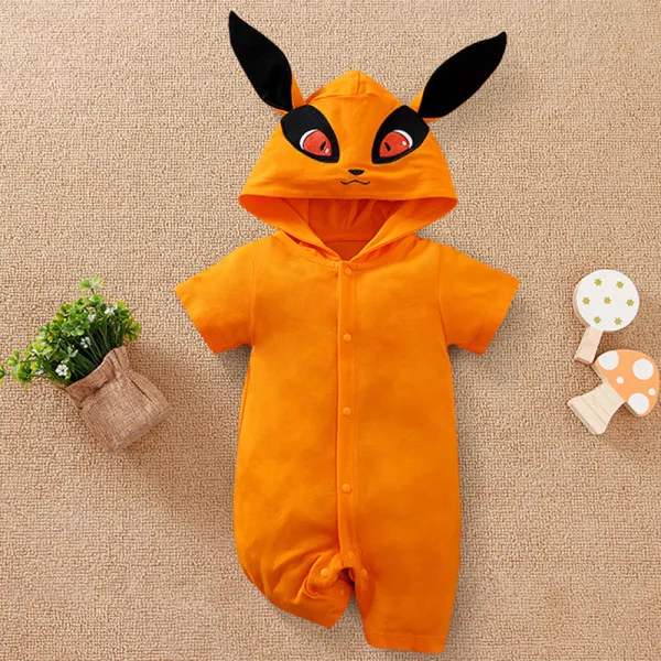 【0M-24M】Unisex Baby Cute Cotton Orange Cartoon Fox Hat Short Sleeve Jumpsuit Only $22.18 - Lukalula.com 