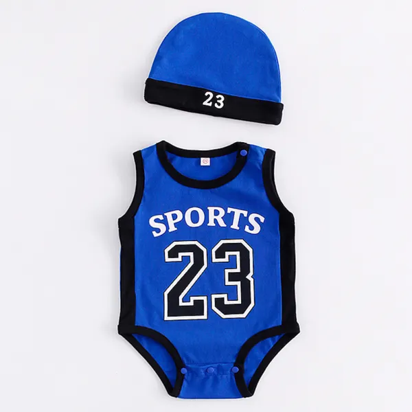 【3M-24M】2-piece Baby Boy Cute Trendy Cool Cotton Basketball 23 Style Multicolor Sleeveless Jumpsuit With Hat Only $20.56 - Lukalula.com 