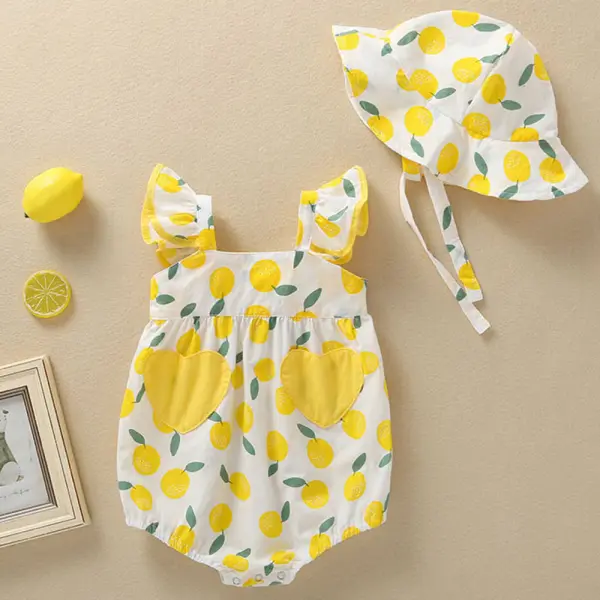 【3M-24M】2-Piece Baby Girl's Cotton Lemon Print Romper With Hat Only $20.97 - Lukalula.com 