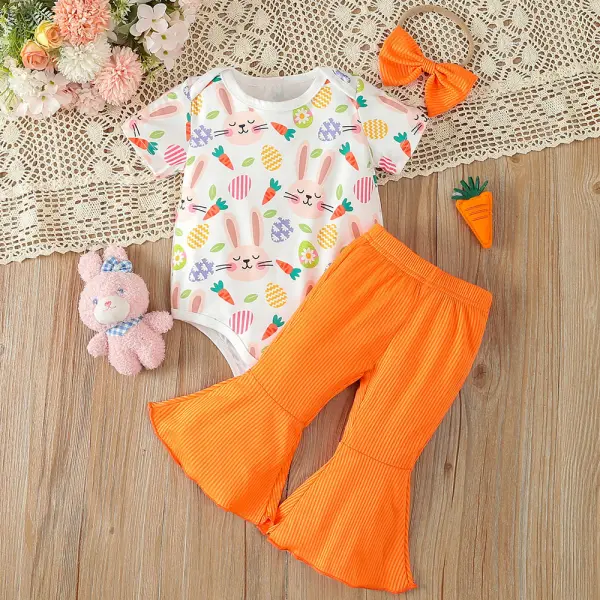 【0M-24M】3-Piece Baby Girl Easter Bunny Print Short Sleeve Romper And Flared Pants Set With Hairband Only $22.98 - Lukalula.com 