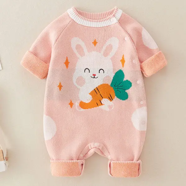 【0M-24M】Baby Girl Bunny Pattern Long Sleeve Sweater Romper - Lukalula.com 