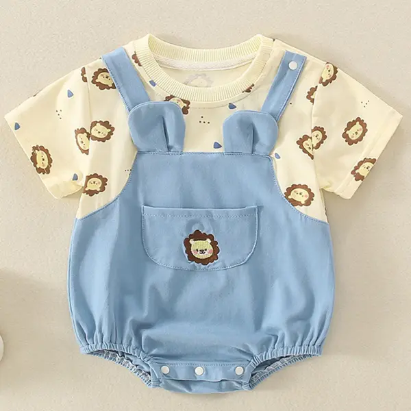 【3M-24M】Baby Boys Cotton Blue Lion Pattern Fake Two Piece Short Sleeve Romper Only $22.58 - Lukalula.com 