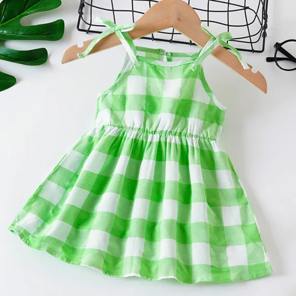 【3M-24M】Baby Girl Green Plaid Sling Dress Only $11.69 - Lukalula.com 