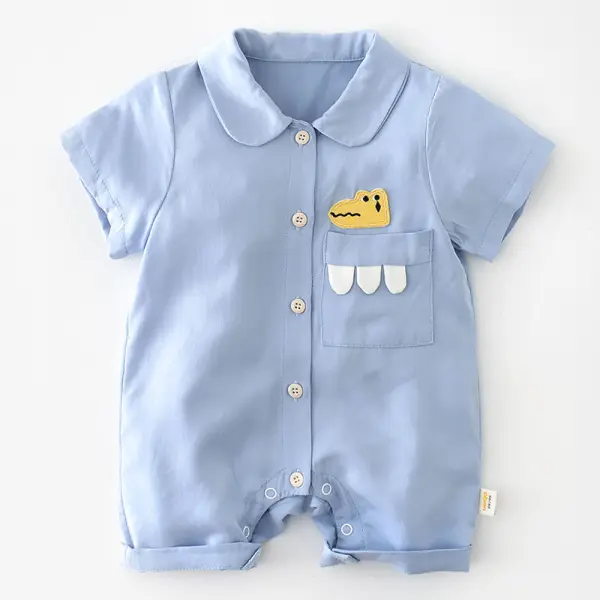 【3M-24M】Baby Boys Cotton Blue Dinosaur Embroidered Short Sleeve Denim Romper Only $26.53 - Lukalula.com 