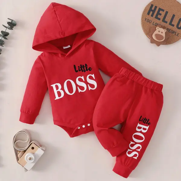 【0M-24M】2-Piece Baby Boy Letter Print Long-Sleeved Hooded Romper And Pants Set - Lukalula.com 