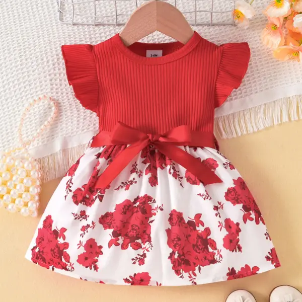 【3M-24M】Baby Girl Butterfly And Floral Print Short Sleeve Dress - Lukalula.com 