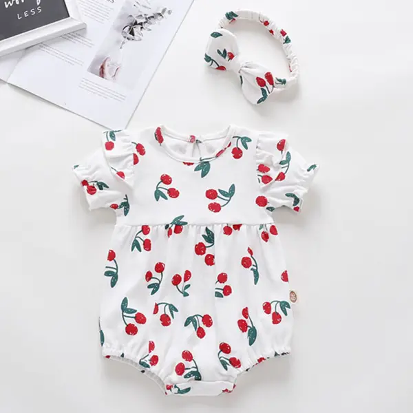 【3M-24M】2-Piece Baby Girl's Cotton Cherry Print Short Sleeve Romper With Hairband Only $17.34 - Lukalula.com 