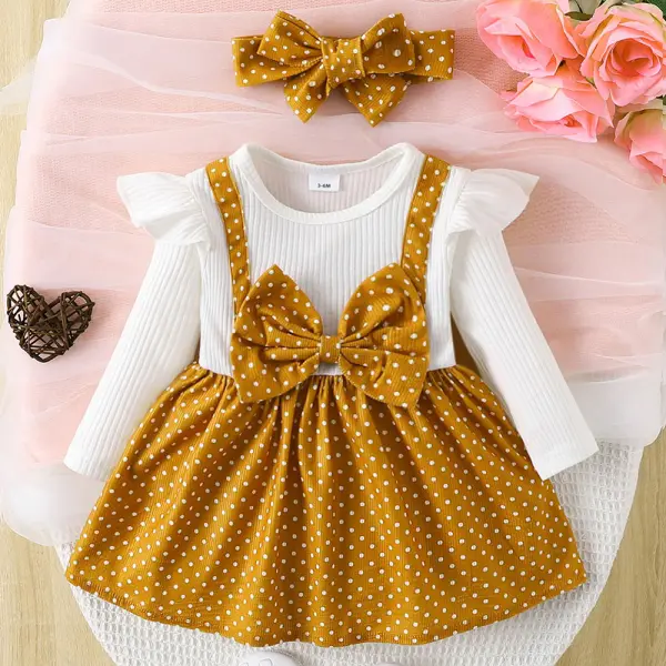 【3M-24M】2-Piece Baby Girl Corduroy Polka Dot Butterfly Flower Long Sleeve Dress With Hairband - Lukalula.com 