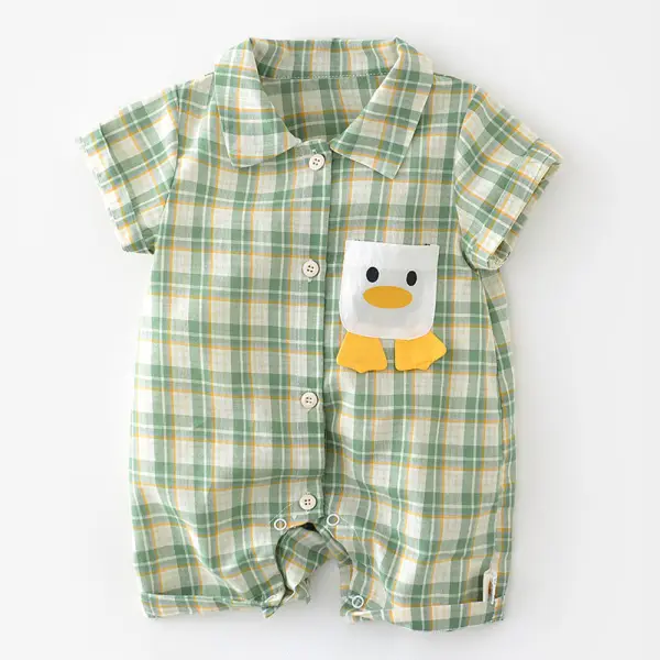 【3M-24M】Baby Boys' Cotton Green Plaid Duckling Pocket Short Sleeve Romper Only $25.32 - Lukalula.com 