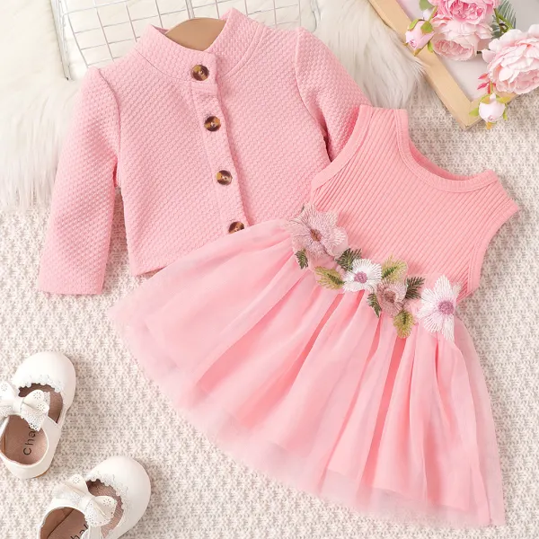 【3M-24M】2-Piece Baby Girl Applique Sleeveless Dress And Long Sleeve Cardigan Set - Lukalula.com 