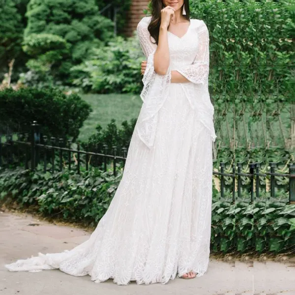 Maternity White Lace V-Neck Flared Sleeve Photoshoot Dress - Lukalula.com 