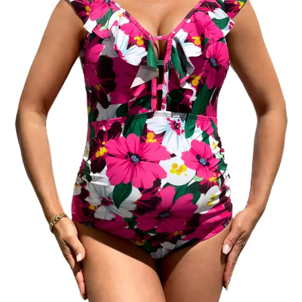 Maternity Fashion Ruffle Design Floral Print One Piece Swimsuit Only $37.77 - Lukalula.com 