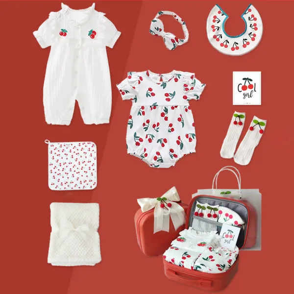 【0M-18M】8-Piece Baby Girl's Cute Cherry Printed Cotton Romper And Accessory Set Gift Package - Lukalula.com 