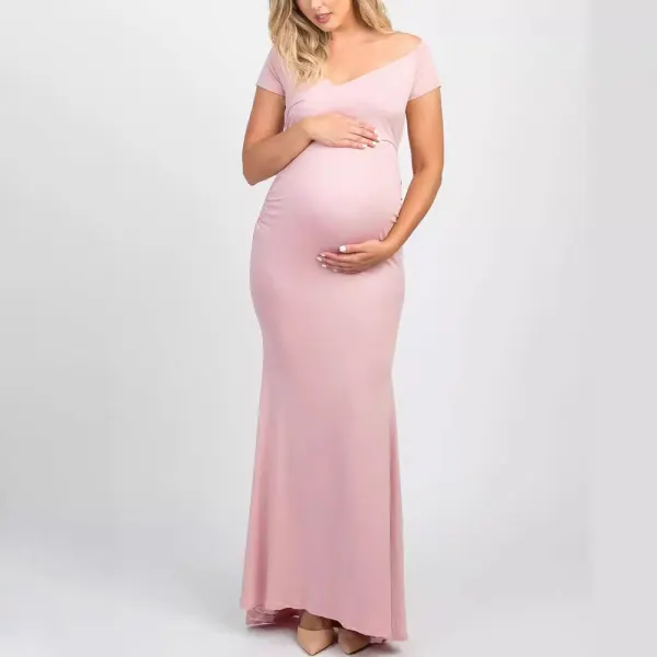 Maternity Solid Color One-shoulder Short Sleeve Photoshoot Dress - Lukalula.com 