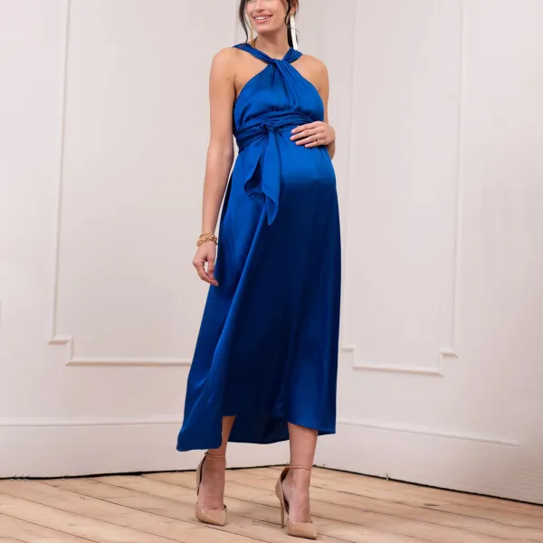Maternity Fashion Treasure Blue Hanging Neck Dress Loose Long Gowns - Lukalula.com 