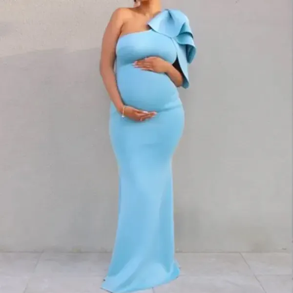 Maternity One-Shoulder Short Sleeve Full Length Dress - Lukalula.com 