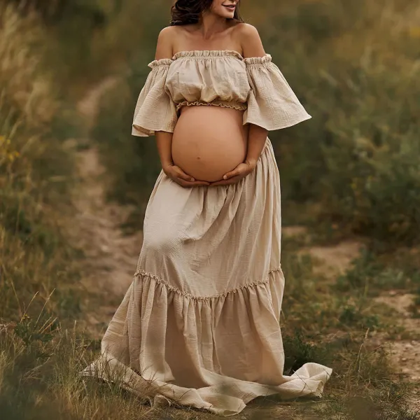 2-Piece Maternity Cotton Off-the-Shoulder Top And Skirt Photoshoot Set - Lukalula.com 