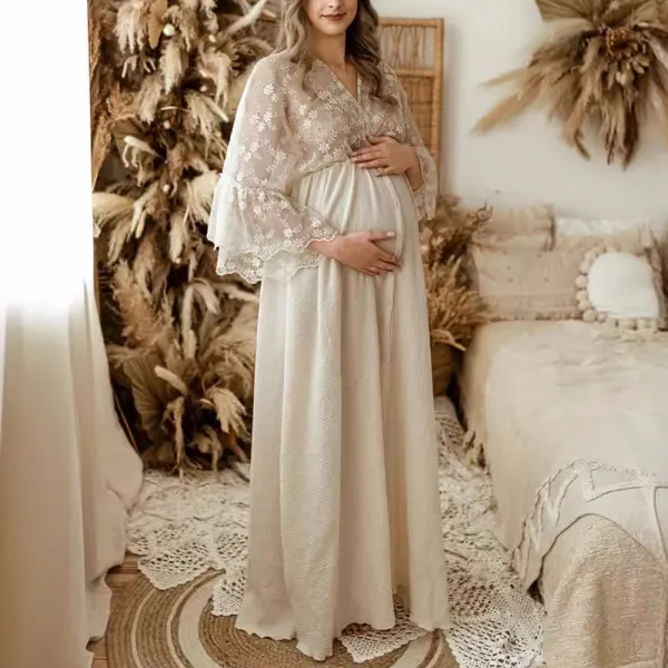 Maternity Beige Lace V-Neck Photoshoot Dress Only $84.24 - Lukalula.com 