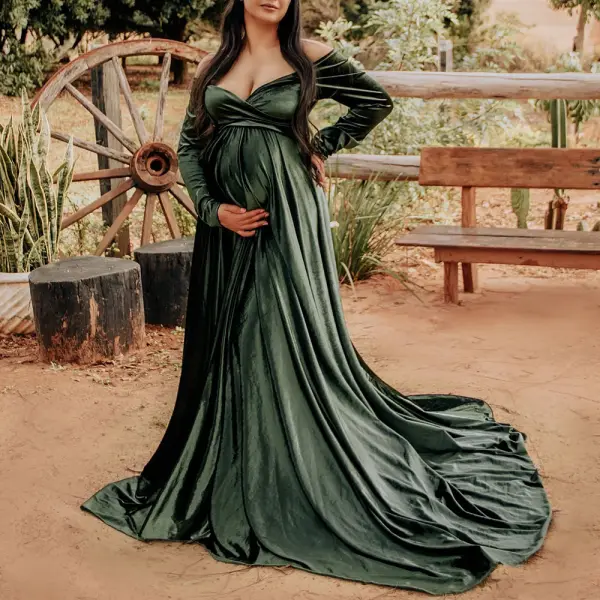Maternity Green Velvet Off The Shoulder Long Sleeve Photoshoot Dress - Lukalula.com 