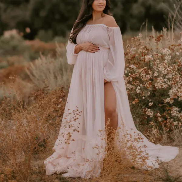 Maternity Elegant Off The Shoulder White Chiffon Sheer Tulle Photoshoot Dress - Lukalula.com 