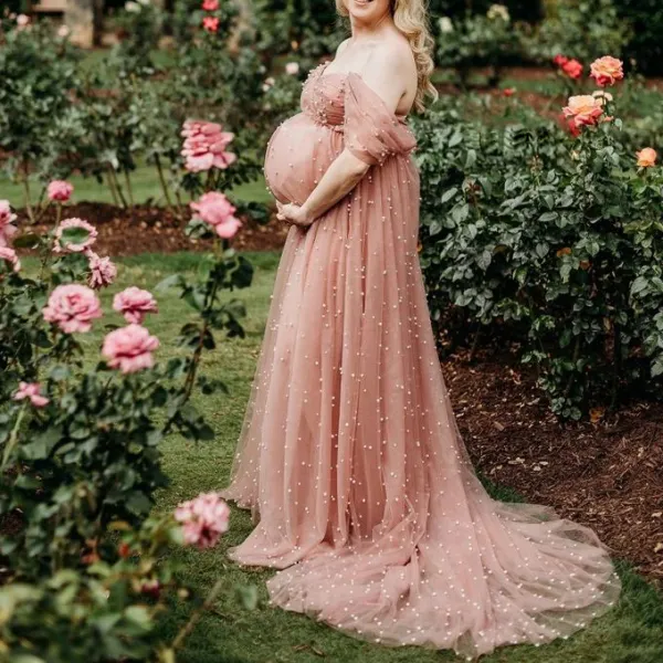 Maternity Off The Shoulder Pink Pearl Mesh Sheer Dress Maxi Photoshoot Dress - Lukalula.com 