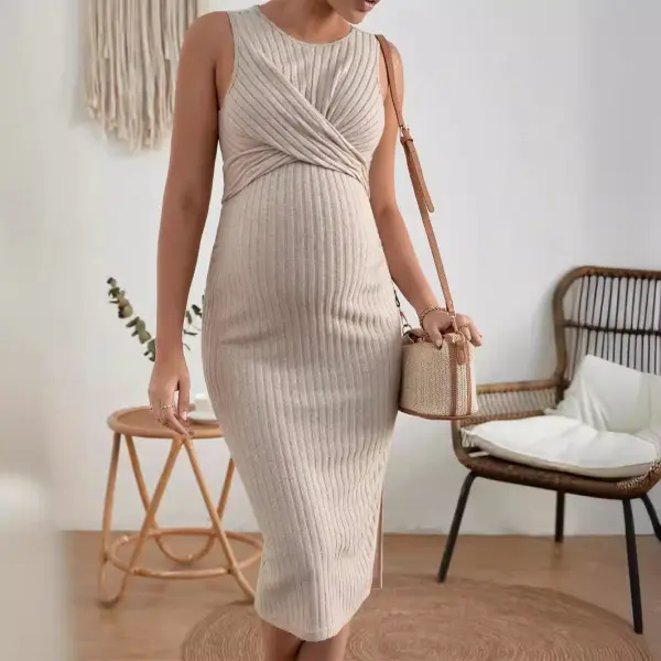 Maternity Fashion Pink Light Apricot Sleeveless Slimming Dress - Lukalula.com 