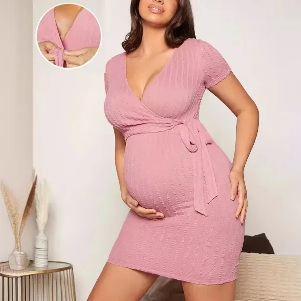 Maternity Fashionable Pink V-Neck Slim Dress - Lukalula.com 