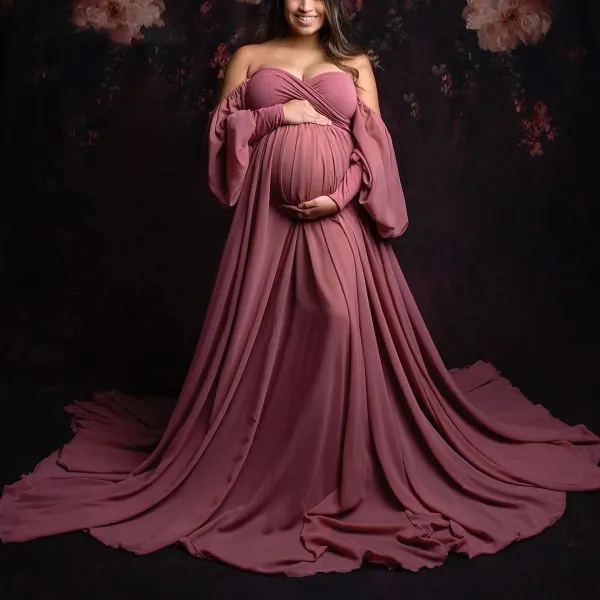 Maternity Bubble Sleeve Pink Chiffon Dress Off The Shoulder Maxi Photoshoot Dress - Lukalula.com 