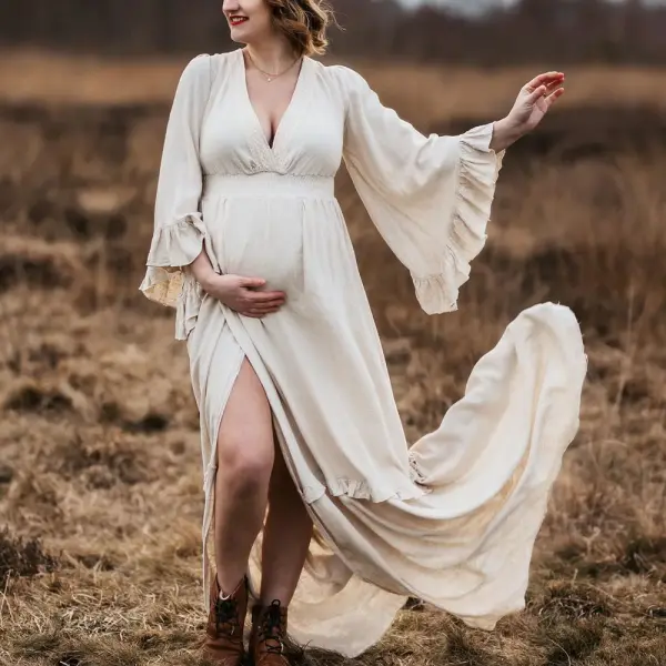 Maternity Beige Cotton V-Neck Flared Sleeve Photoshoot Dress Only $95.42 - Lukalula.com 