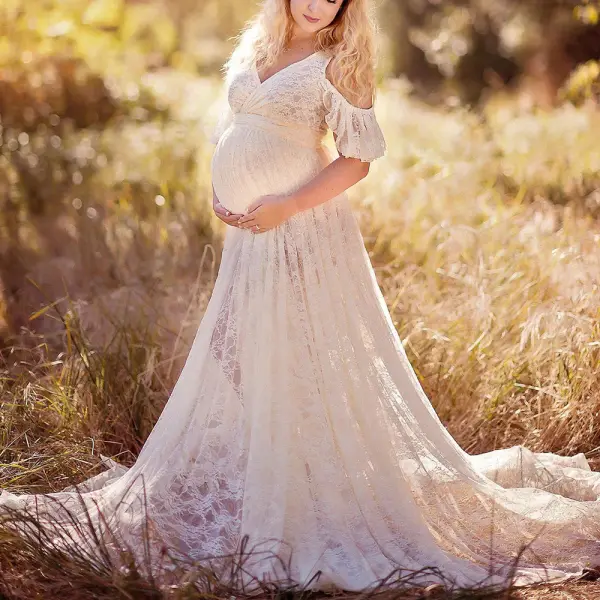 Maternity White Lace Off-The-Shoulder Photoshoot Dress - Lukalula.com 