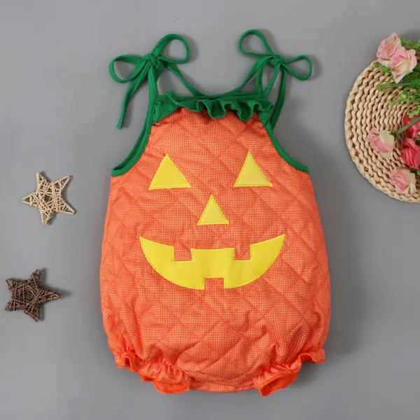 【3M-24M】Baby Girl Cute Halloween Warm Orange Pumpkin Skull Smiley Embroidered Suspender Romper - Popopieshop.com 