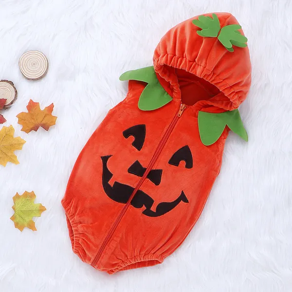 【3M-24M】Baby Girl Cute Halloween Pumpkin Sleeveless Hooded Romper Only $34.31 - Lukalula.com 