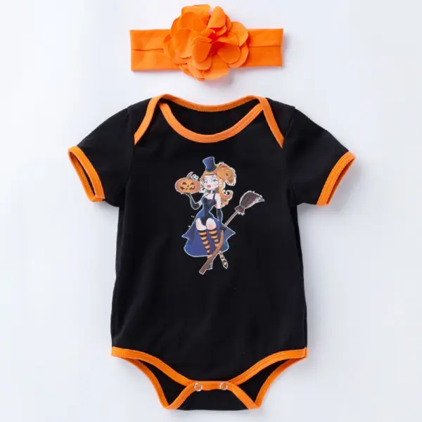 【0M-18M】2-Piece Baby Girls Halloween Pattern Short-Sleeved Romper With Hairband - Lukalula.com 
