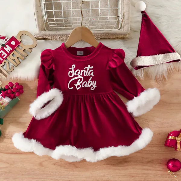 【0M-24M】2-Piece Baby Girl Cute Christmas Letter Print Red Velvet Dress With Hat - Lukalula.com 
