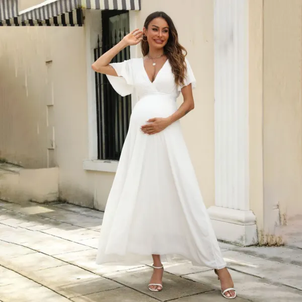 Maternity Elegant White V-Neck Short Sleeve Chiffon Dress Only $125.77 - Lukalula.com 