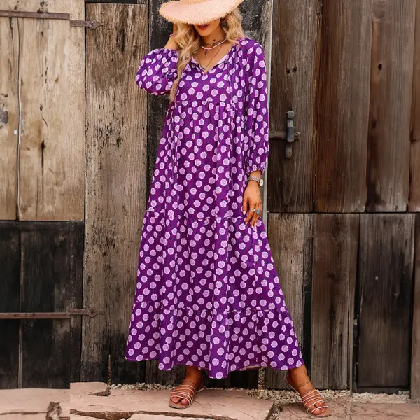 Maternity Loose Floral Print Purple Long Sleeve Dress - Lukalula.com 