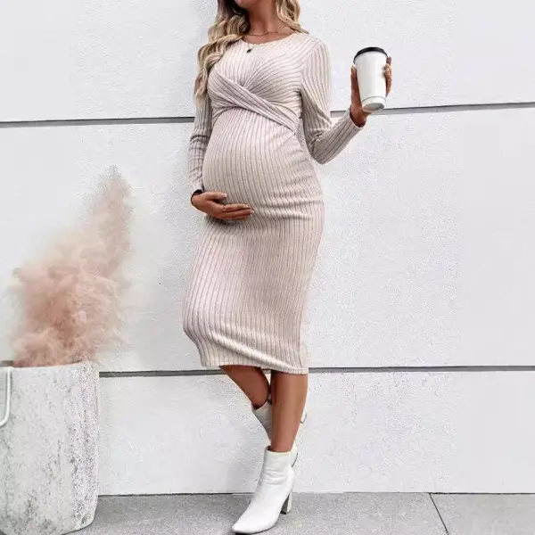Maternity Elegant Beige Slim Fit Dress - Lukalula.com 