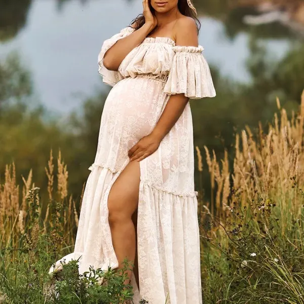Maternity Elegant Floral Embroidered Off Shoulder Beige Top And Split Skirt Set - Lukalula.com 