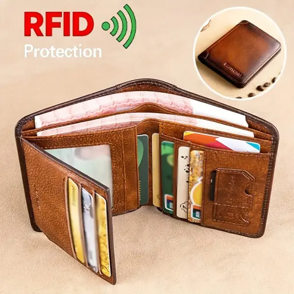 Cowhide Men Vintage Trifold Wallet With Multiple Card Slots - RFID Blocking - Lukalula.com 