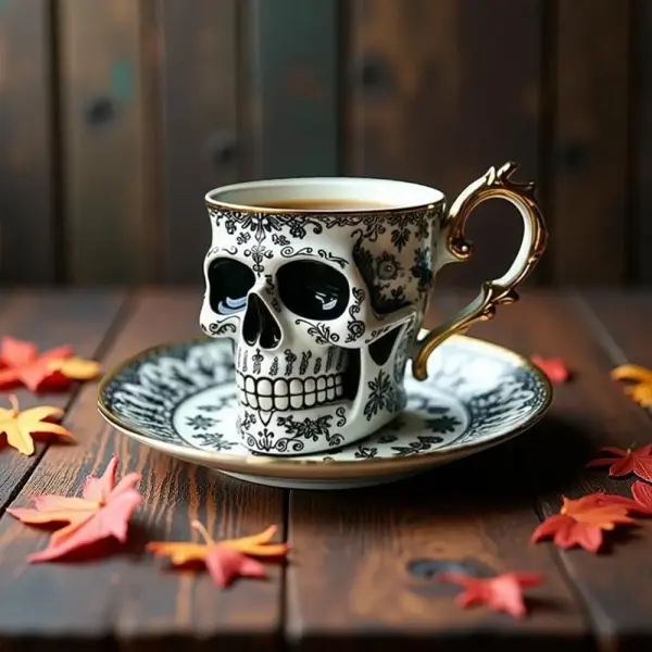 Ornate Gold-Trimmed-Skull Coffee Mug-Halloween - Lukalula.com 