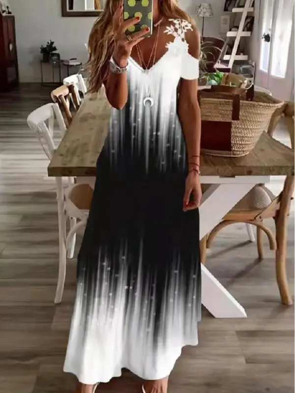 V-neck Printed Casual Short-sleeved Maxi Dress - Oasisjoy.com 