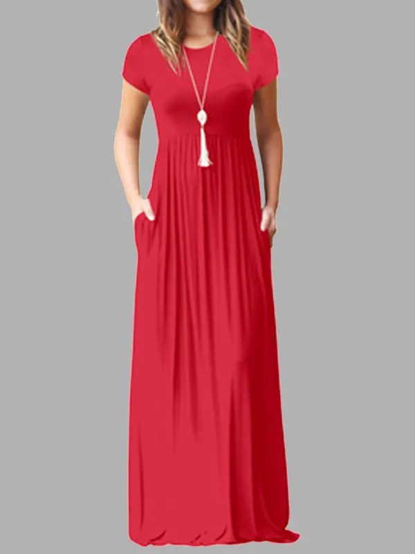 Casual Solid Color Pocket Short Sleeve Maxi Dress - Oasisjoy.com 