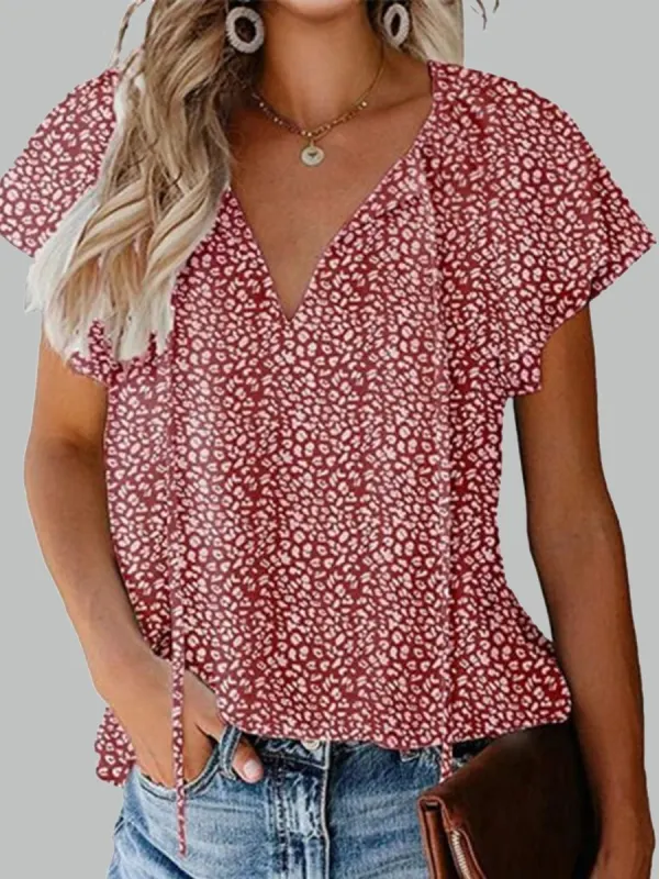 Floral Casual V-Neck Loose Short Sleeve Blouse - Oasisjoy.com 