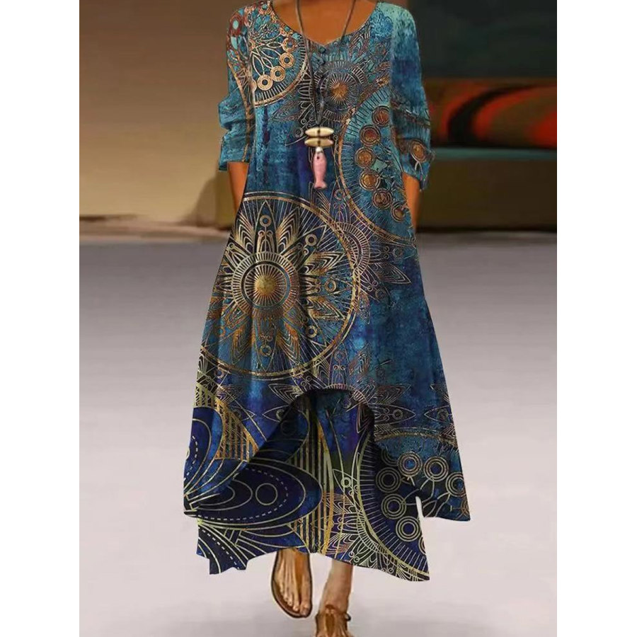 

V-neck Casual Loose Vintage Print Long Sleeve Maxi Dress
