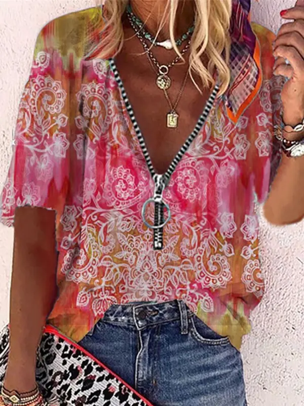 V-neck Zip Ethnic Print Short Sleeve Blouse - Oasisjoy.com 