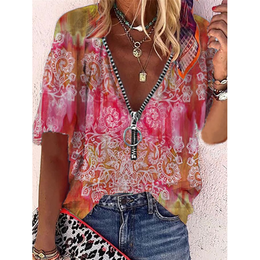 

V-neck Zip Ethnic Print Short Sleeve Blouse