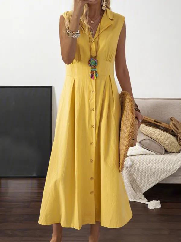 Vintage Casual Solid Color Lapel Sleeveless Waist Maxi Dress - Oasisjoy.com 