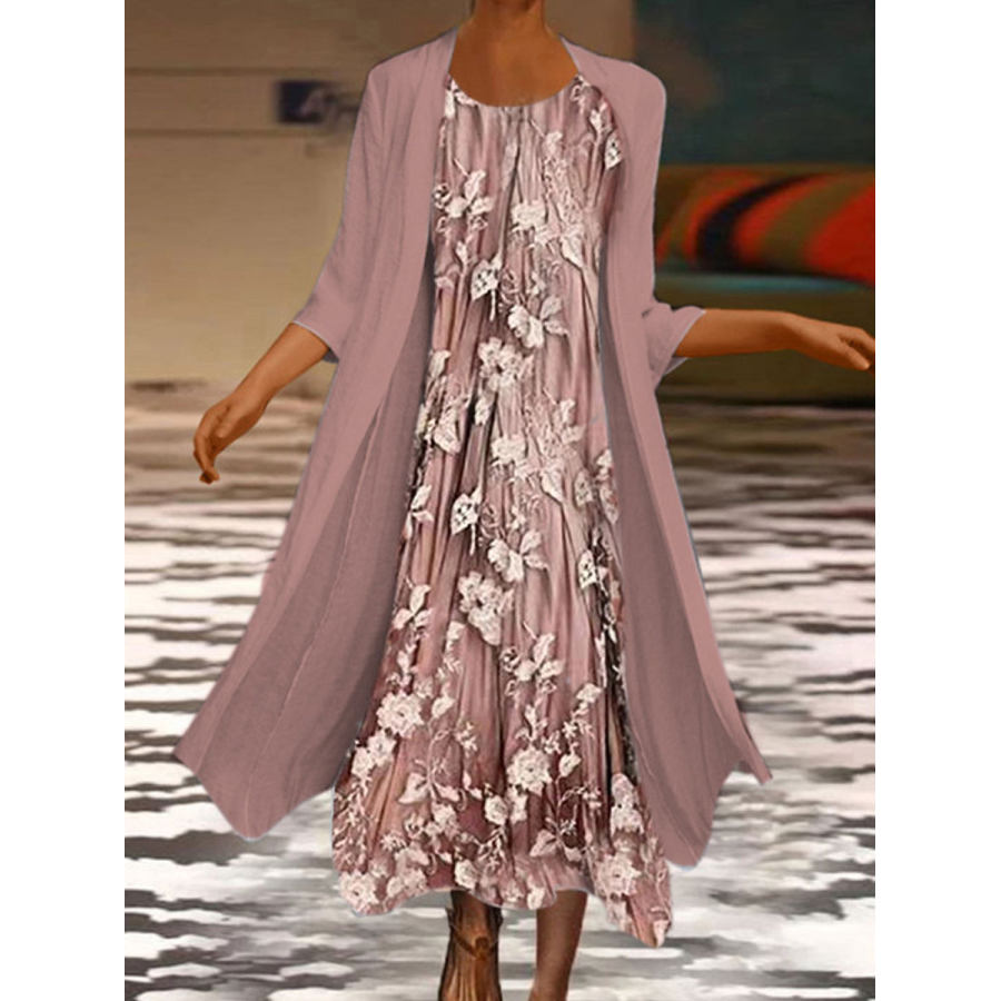 Round Neck Casual Loose Floral Print Suit Maxi Dress 