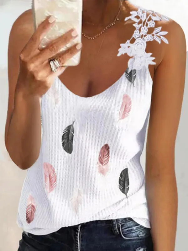 Casual Feather Print V-Neck Panel Lace Sleeveless Tank Top - Oasisjoy.com 