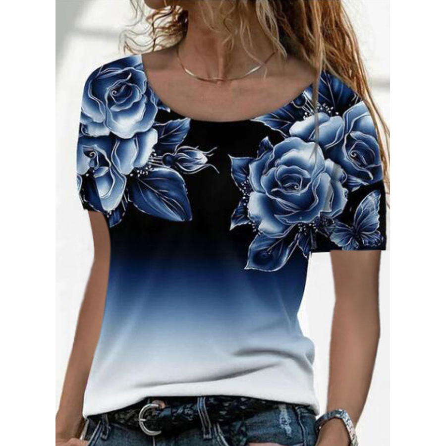 

Round Neck Casual Loose Floral Print Short Sleeve T-shirt